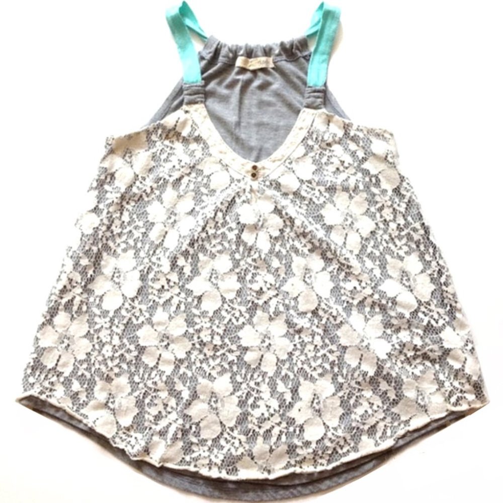 Rewind Gray Tank with White Floral Lace